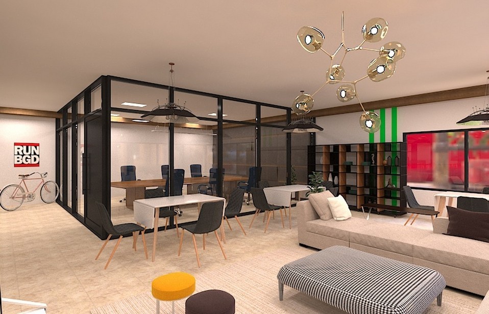 Visualization of the planned agency lounge and glass meeting room