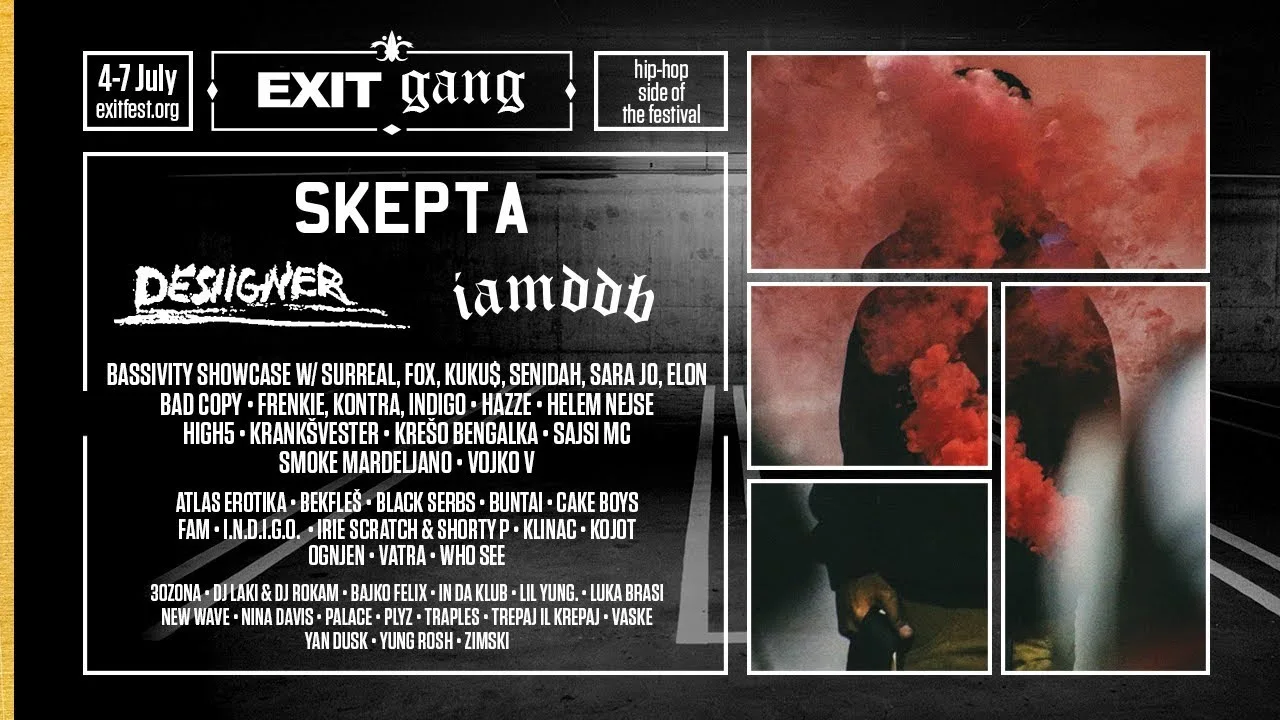 The EXIT Gang line-up card for 4–7 July: Skepta, Desiigner and IAMDDB at the top, the full regional bill listed underneath