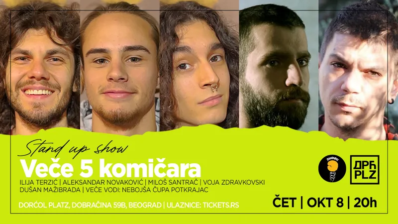 Stand-up veče sa pet komičara: Ilija, Aleksandar, Miloš, Voja i Dušan — poster